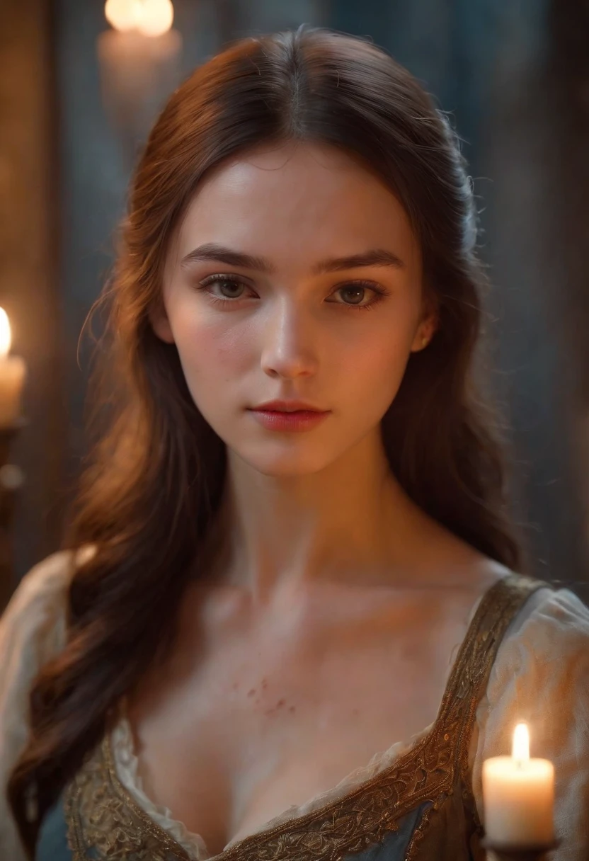 Fair complexion, A woman around 19 years old, Slender and graceful, Candlelight in a medieval setting, super sharp focus, realistic lens, mini-skirts, Four colors (Scar:1.4)