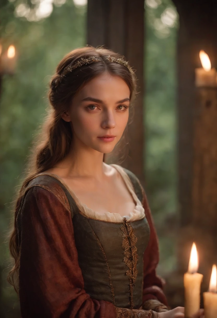 Fair complexion, A woman around 19 years old, Slender and graceful, Candlelight in a medieval setting, super sharp focus, realistic lens, mini-skirts, Four colors (Scar:1.4)