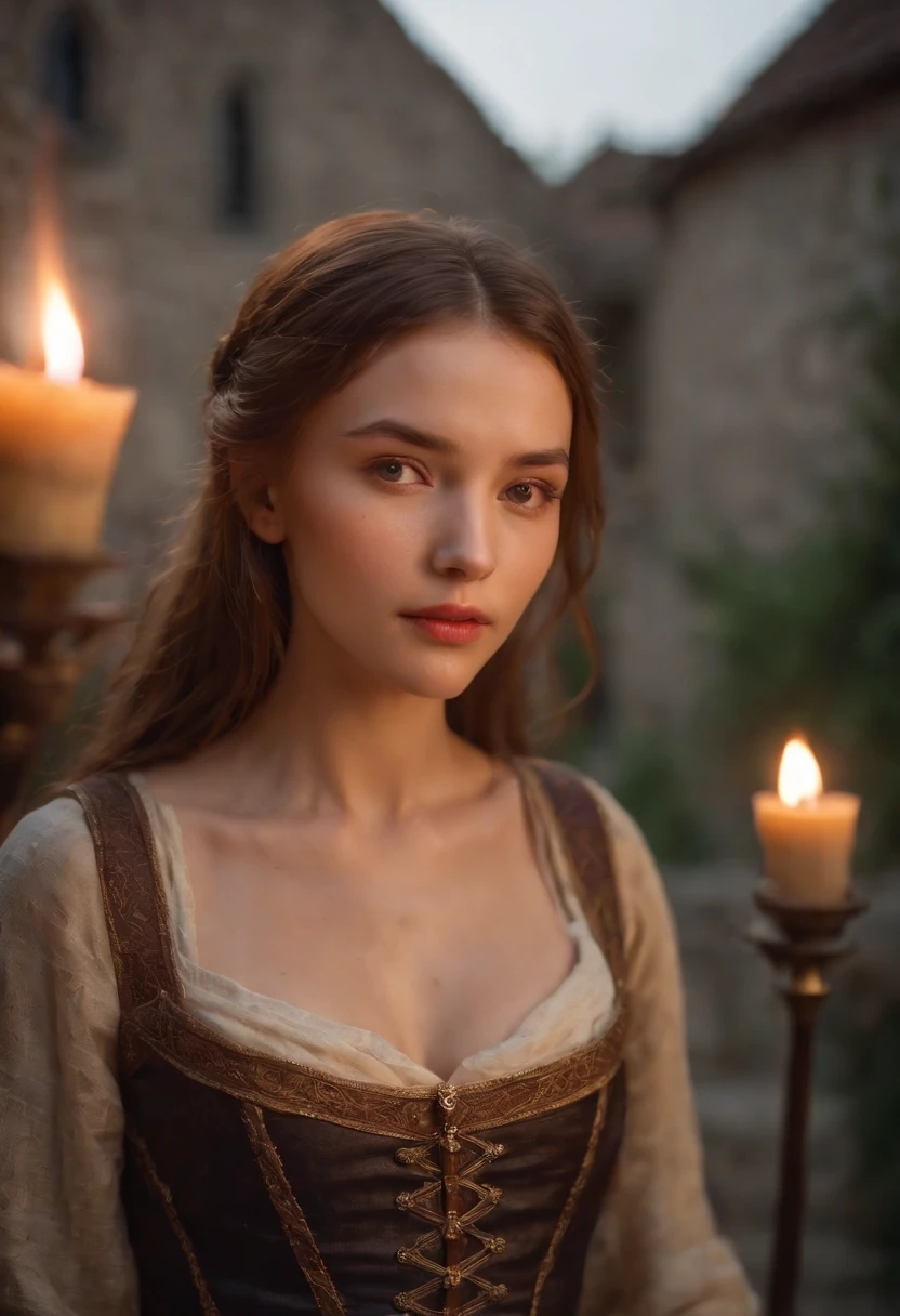Fair complexion, A woman around 19 years old, Slender and graceful, Candlelight in a medieval setting, super sharp focus, realistic lens, mini-skirts, Four colors (Scar:1.4)