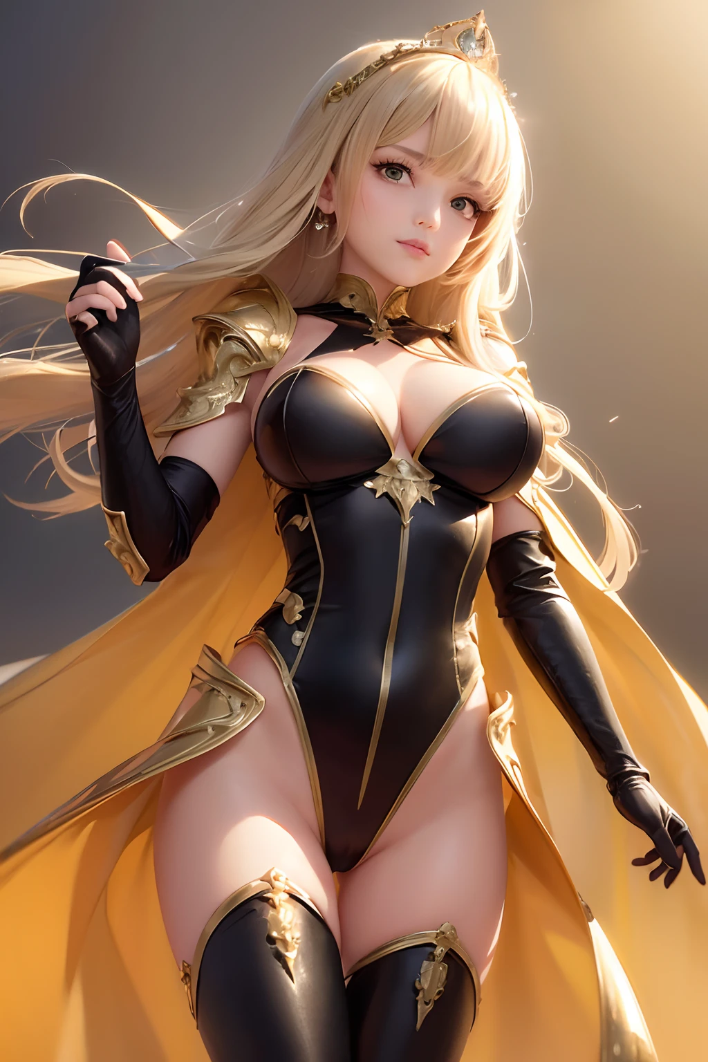 ((Best Quality, 8K, Masterpiece: 1.3)), 1girl, shiny skin, sharp, Perfect Body Beauty, realistic shaded perfect body, ("fantasy,bosysuit, white,gold decoration,transparent pussy" :1.2), , ("fantasy, black, armor gloves":1.2), ("fantasy, armor leggins"1.2), ("fantasy, crown"1.1), ("fantasy, robe"1.1), big_breasts, fantasy back ground, (dynamic pose:1.1), wind, inferno