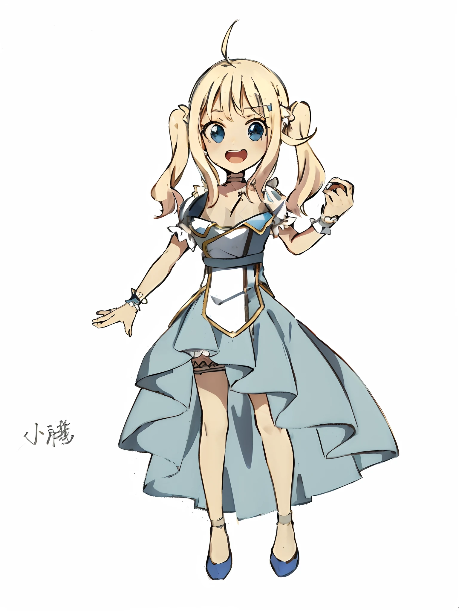 Ahoge blonde twin tails and metal hair ornament、White Sleeveless Cheongsam、White short-sleeved puff sleeves、White ruffled cuffs and metal bracelet、Light Blue Asymmetrical Fishtail Dress、white panniers、Metal choker、Metal Garter Rings、Metal pump