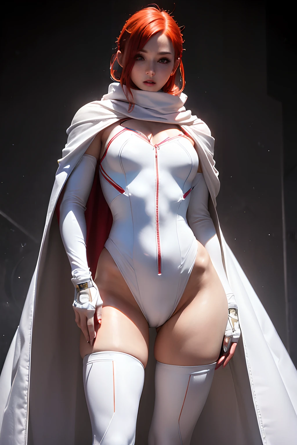 (masterpiece), best quality, hyperrealistic masterpiece, superheroine girl ((mech sci-fi aesthetic style)) in extremely detailed tech tight plugsuit, frostpunk style ((with high scarf to the mouth & white cape)), cinematic illumination: 8k, (((short redhead hair))), detailed perfect skin, intricate perfect beauty face, detailed sharp eyes, detailed eyes and pupils, (((from face to the waist))), (((beauty slim shape))), 4k, UHD