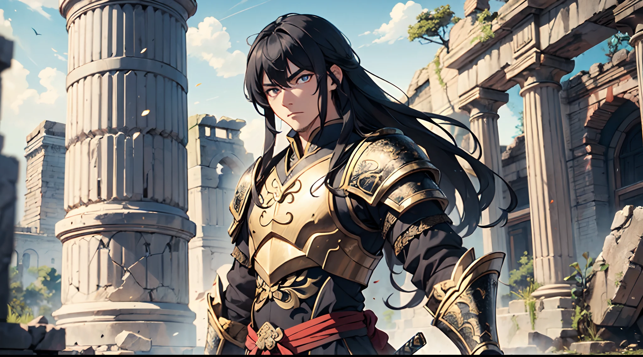 1 Boy, Chinese Emperor, Armored With Pure Black Armor, Holding A Sword, Handsome, Long Black Hair, Pure White Pupil Eyes, 8k, Ultra High Definition, Ancient Ruins Background, Chinese Hair Tie, Full Body Shot,