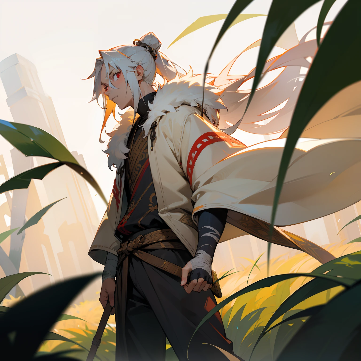 masterpiece, solo, best quality, 1 male, handsome, finely detailed eyes, intricate details, casual clothes, oversized fur hood, pants, messy white hair, long length hair with man bun, complex pattern, best light and shadow, background is in a field, dappled sunlight, day, depth of field, plants, summer, colorful, artistic, depth of field, somber expression, red eyes, tan, anime, bandages wrapped around arms and hands, scars