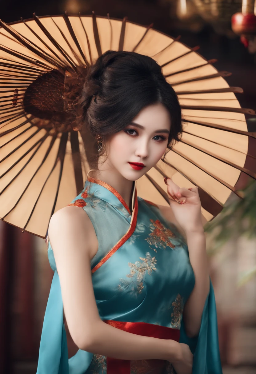 Brown eyes, blue hair, holding a fan, Chinese cheongsam