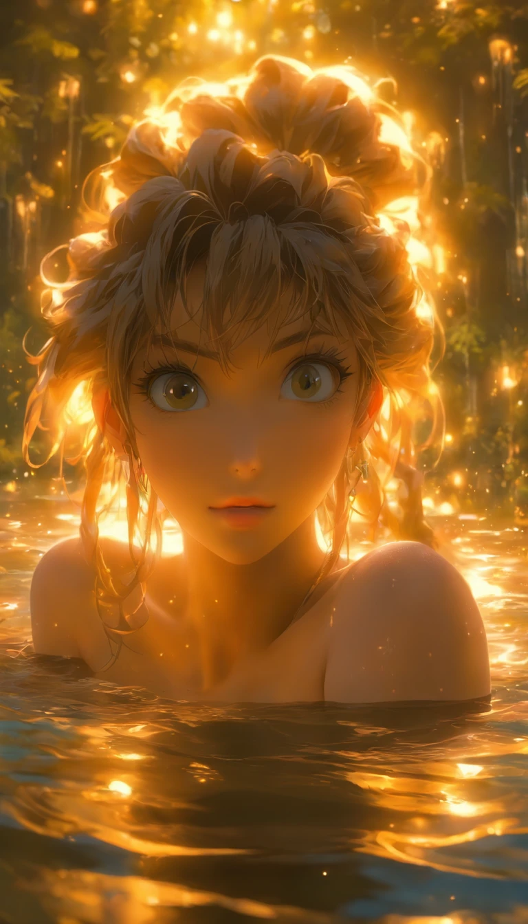 Beautiful woman bathing in the lake,Out of the bath,(Expose your waist:1.4),((Cover your chest and with your hands)),Eau,drippy,Ripples,Long wet black hair, extremely sexy body, Delicate and plump breasts, Back shadow,Beautiful outdoor background, night moon, forest,The hair is meticulously depicted,The eyes are meticulously depicted, highly detailed surreal vfx,oc rendered,Behind the scenes