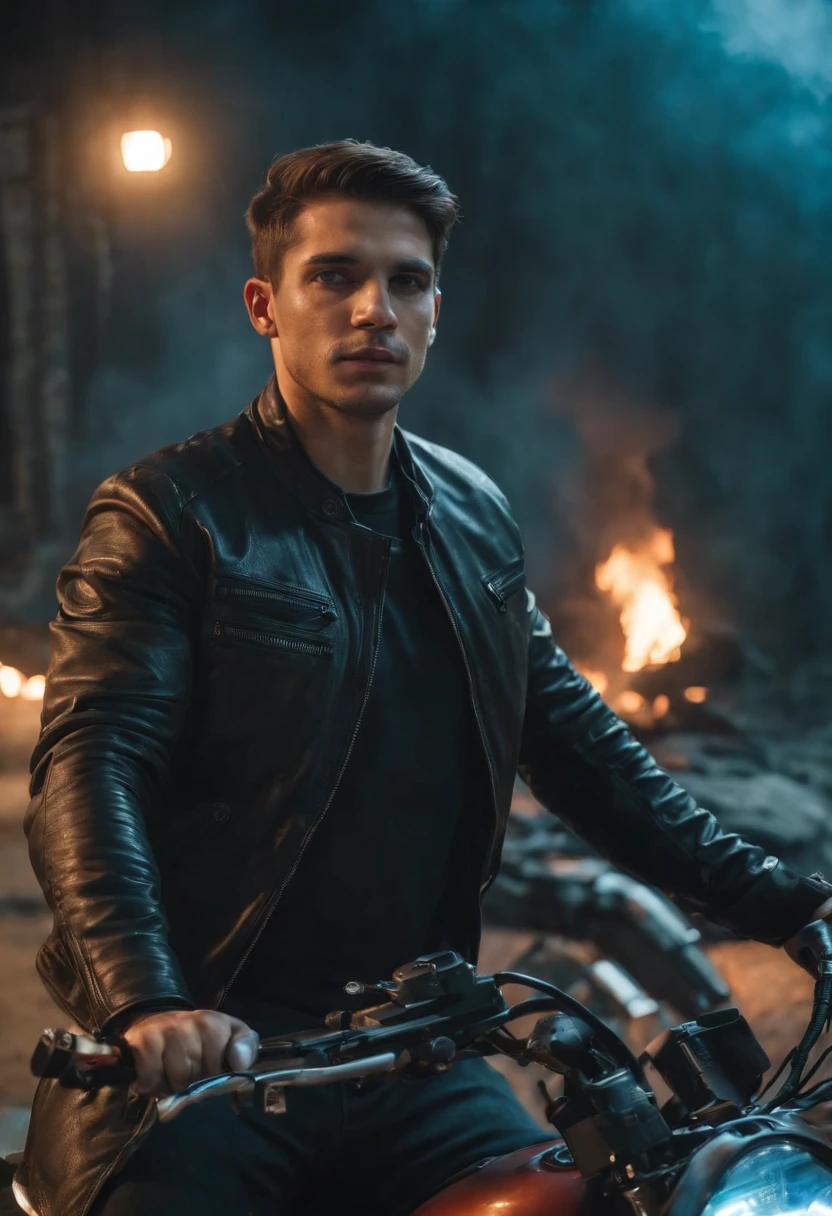 um homem , guerreiro, rico, charmoso, com tecnologia, cyberpunk, fundo de selva, Blood and explosions, em cima de uma moto, com ceu azul