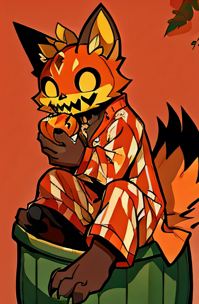 Pumpkin-headed monster in pajamas sitting in green trash can eating sugar apples,a warm color palette,Full body like,Exquisite background,Dead trees and houses