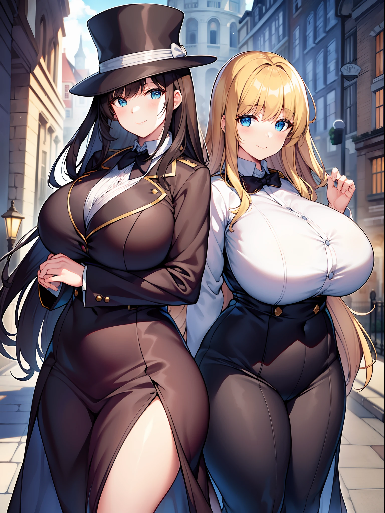 sherlock holmes & watson,
huge huge huge huge huge huge busty 2 girls assemble,
sherlock holmes girl brown glen check frock coat,
side standing watson girl white formal suits,
detective,
gently,
elegance,
wind,
smile,
london,
baker street,
british,
real face,
real body,
real background,
((((masterpiece)))), high quality, very_high_resolution, large_filesize, full color,