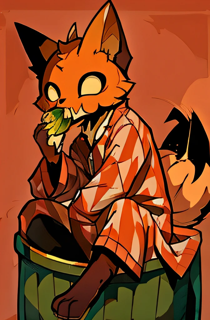 Pumpkin-headed monster in pajamas sitting in green trash can eating sugar apples,a warm color palette,Full body like,Exquisite background,Dead trees and houses