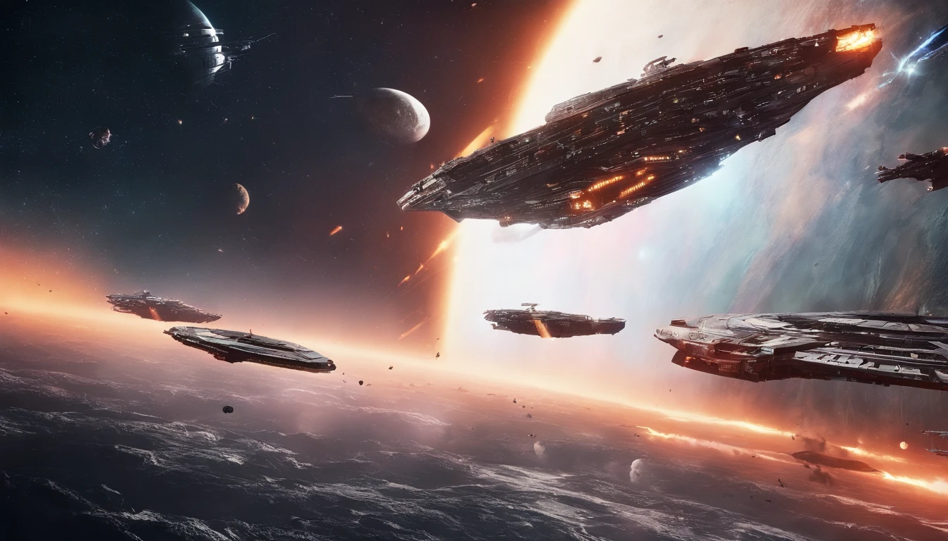 kosmos,An alien battleship that emits golden light,super exquisite details,Aurora chase,Extreme light and shadow,dark space background,Futuristic,Science fiction elements,Ultra photo realsisim,Barren planet,ultra-wide-angle,No man's deep space,star war,Laser weapon,Epic space wars,Cinematic lighting effects,filmposter,(Multiple ships1.3),(Magnificent Battlefield 1.3)(Marvel Universe Style 1.2)8K,Extreme resolution