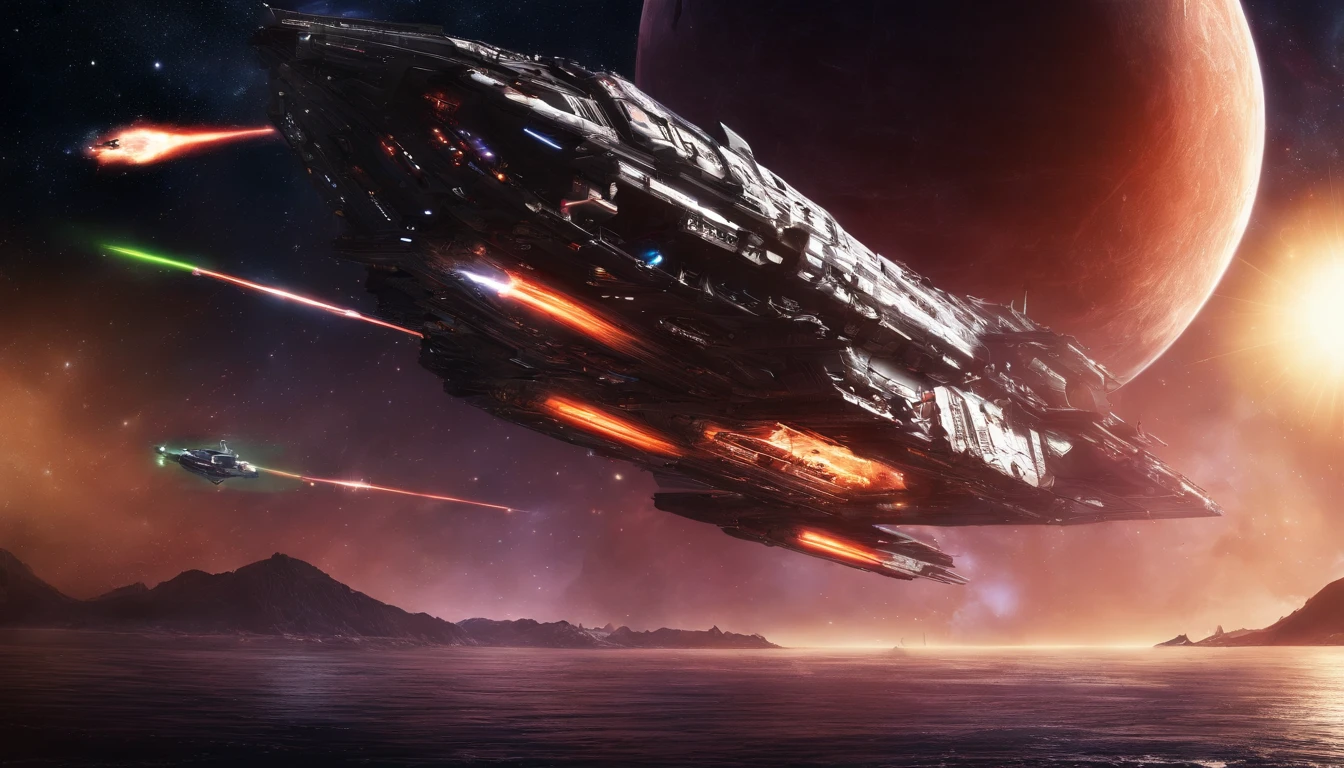 kosmos,An alien battleship that emits golden light,super exquisite details,Aurora chase,Extreme light and shadow,dark space background,Futuristic,Science fiction elements,Ultra photo realsisim,Barren planet,ultra-wide-angle,No man's deep space,star war,Laser weapon,Epic space wars,Cinematic lighting effects,filmposter,(Multiple ships1.3),(Magnificent Battlefield 1.3)(Marvel Universe Style 1.2)8K,Extreme resolution