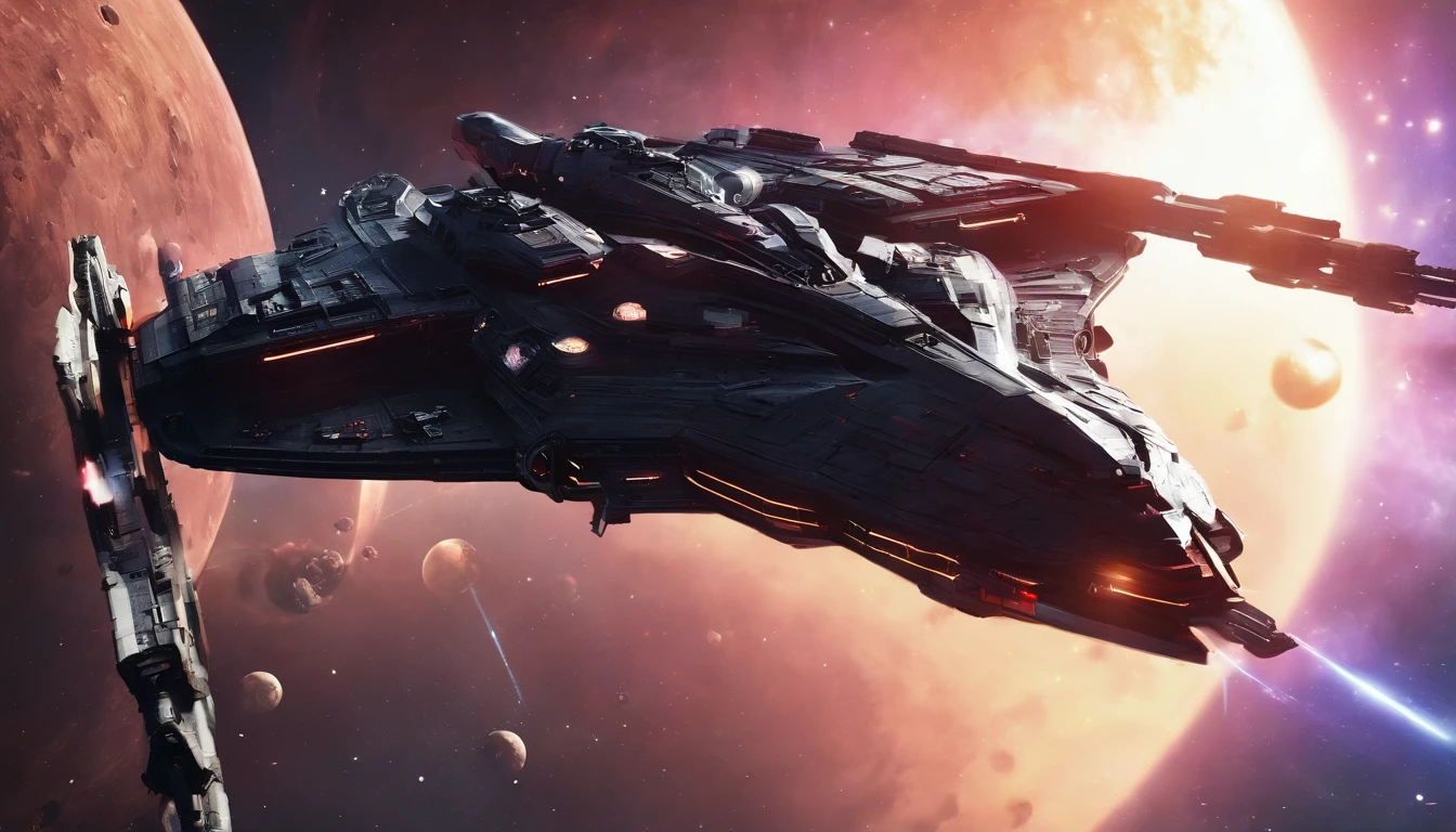kosmos,An alien battleship that emits golden light,super exquisite details,Aurora chase,Extreme light and shadow,dark space background,Futuristic,Science fiction elements,Ultra photo realsisim,Barren planet,ultra-wide-angle,No man's deep space,star war,Laser weapon,Epic space wars,Cinematic lighting effects,filmposter,(Multiple ships1.3),(Magnificent Battlefield 1.3)(Marvel Universe Style 1.2)8K,Extreme resolution