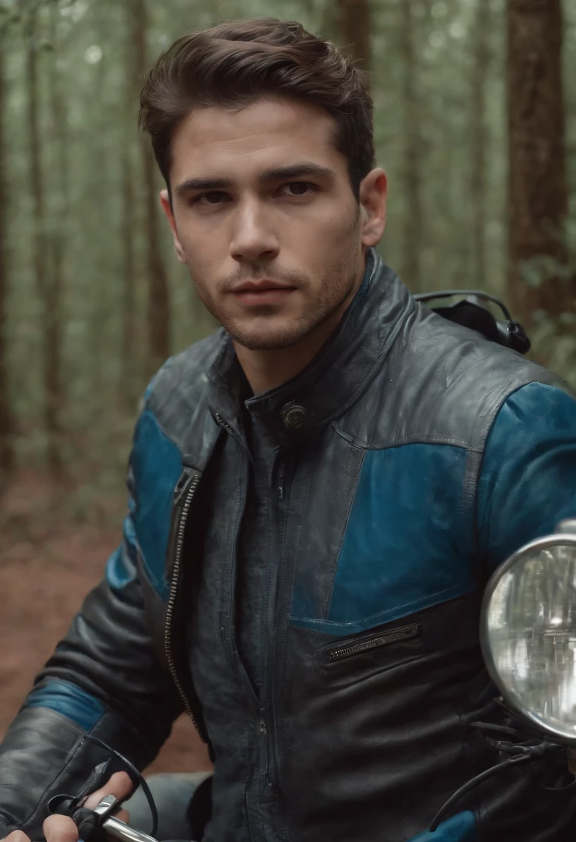 um homem , guerreiro, rico, charmoso, com tecnologia, cyberpunk, fundo de selva, Blood and explosions, em cima de uma moto, com ceu azul