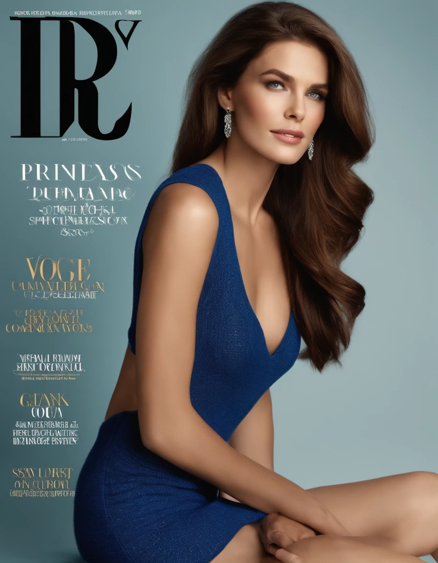 magazine cover,vogeSweater, side chest, (Sleeveless:1.2), cleavage_cutout,bare back,from on the side,green-blue eyes, Sophisticated appearance, Princess, brown-hair