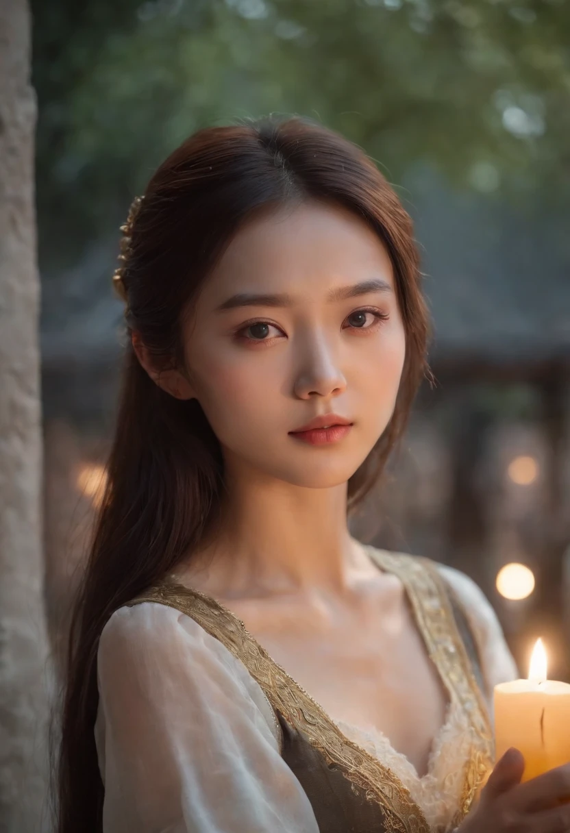 Fair complexion, A Chinese girl around 19 years old, Slender and graceful, Candlelight in a medieval setting, super sharp focus, realistic lens, mini-skirts, long leges
