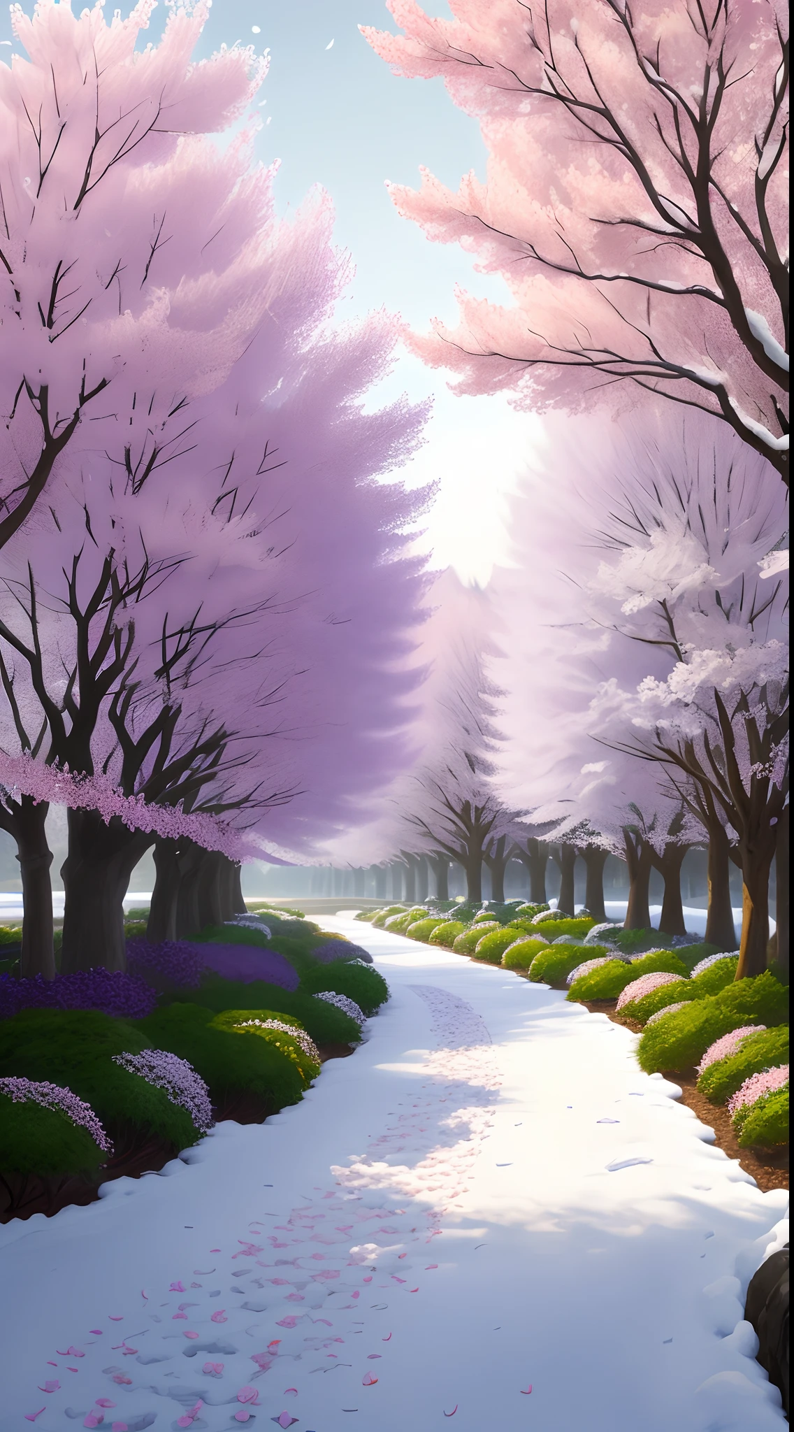 Lilac cherry blossoms,snow landscape,Two-dimensional style,Lilac petals fall,warmth,peacful,soothing
