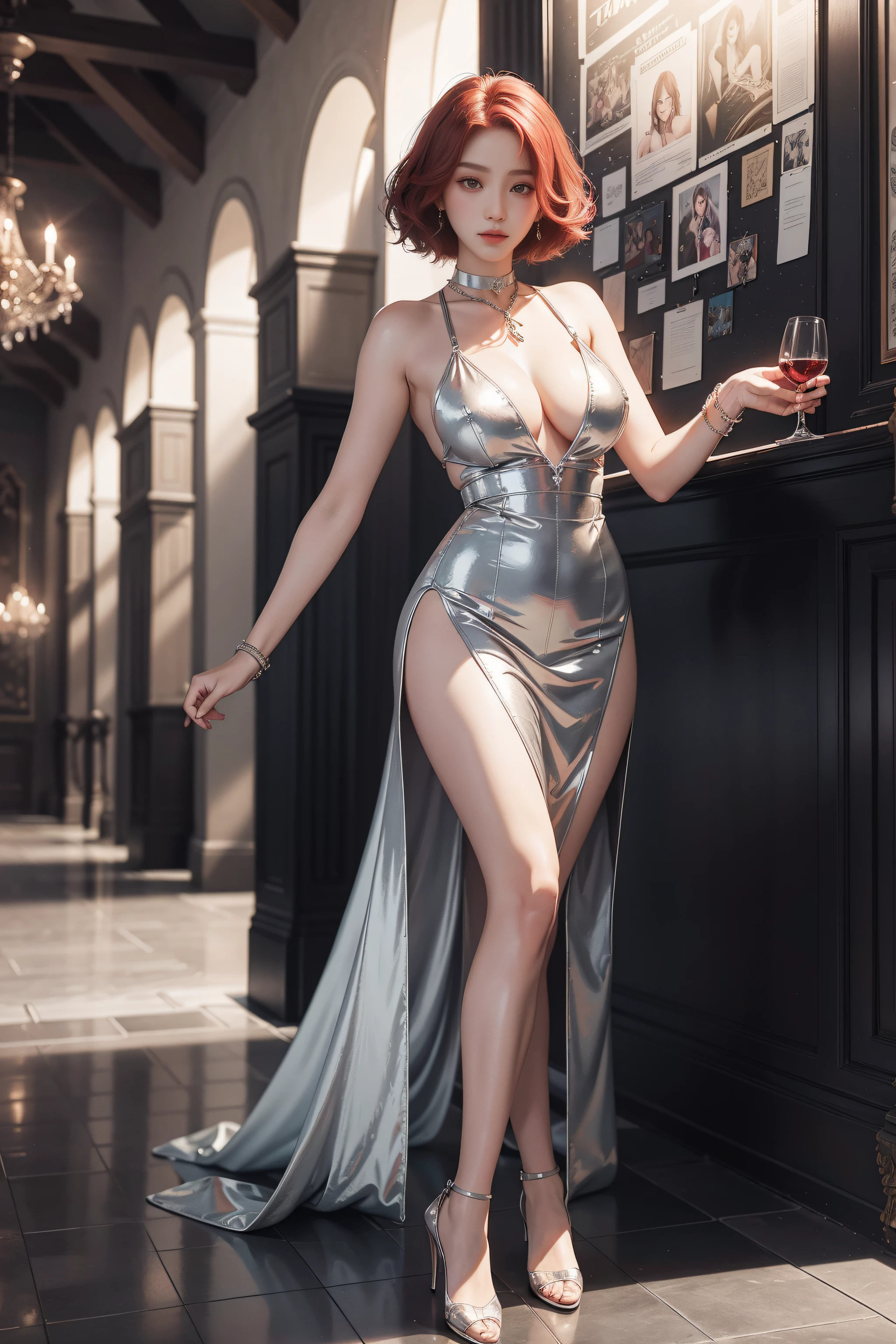 Top CG wallpapers,8K HD quality,Detailed CG production,True sense of detail,Highest pixel,Clear focus,Ultra-high resolution large files,High-end clear and intricate details,Studio lighting,Indoor lighting effects,complementary colours,Ray traching,Chaebol sexy young woman,A young woman in the style of a mature and sexy royal sister,She has short crimson hair,Young woman with short hair,Clear and realistic hair,Careful hair(Premium detail hair:1.3)A pair of big, good-looking eyes,A pair of hooked eyes,Delicate eyelash makeup, Thin eyebrows, Super detailed eyes,lips in red,Sexy big red lips, rosycheeks, Delicate facial makeup , Pretty face, a face with perfect proportion,Melon seed face(Advanced facial details:1.1)Bigboobs,big breasts thin waist,Firm buttocks,perfect proportion body,choker necklace,耳Nipple Ring,waist chains,Bracelet,In the cocktail party venue,Hold the wine glass in your hand,Standing in the banquet hall,Bright liquid silver,Shiny skirt,Liquid silverfish tail long skirt,Suspender skinny fishtail maxi dress,Tight long skirt without showing chest,Short split long skirt,suspender stockings,Clear stockings,high-heels,Noble high heels,Liquid silver series,Stocking series,High heels pieces,Full scene display,Panorama Figures,Conservative dress pieces,Mature women's work,Top chaebol ladies,Authentic photography,真实感,Clear and authentic work,A sense of detail