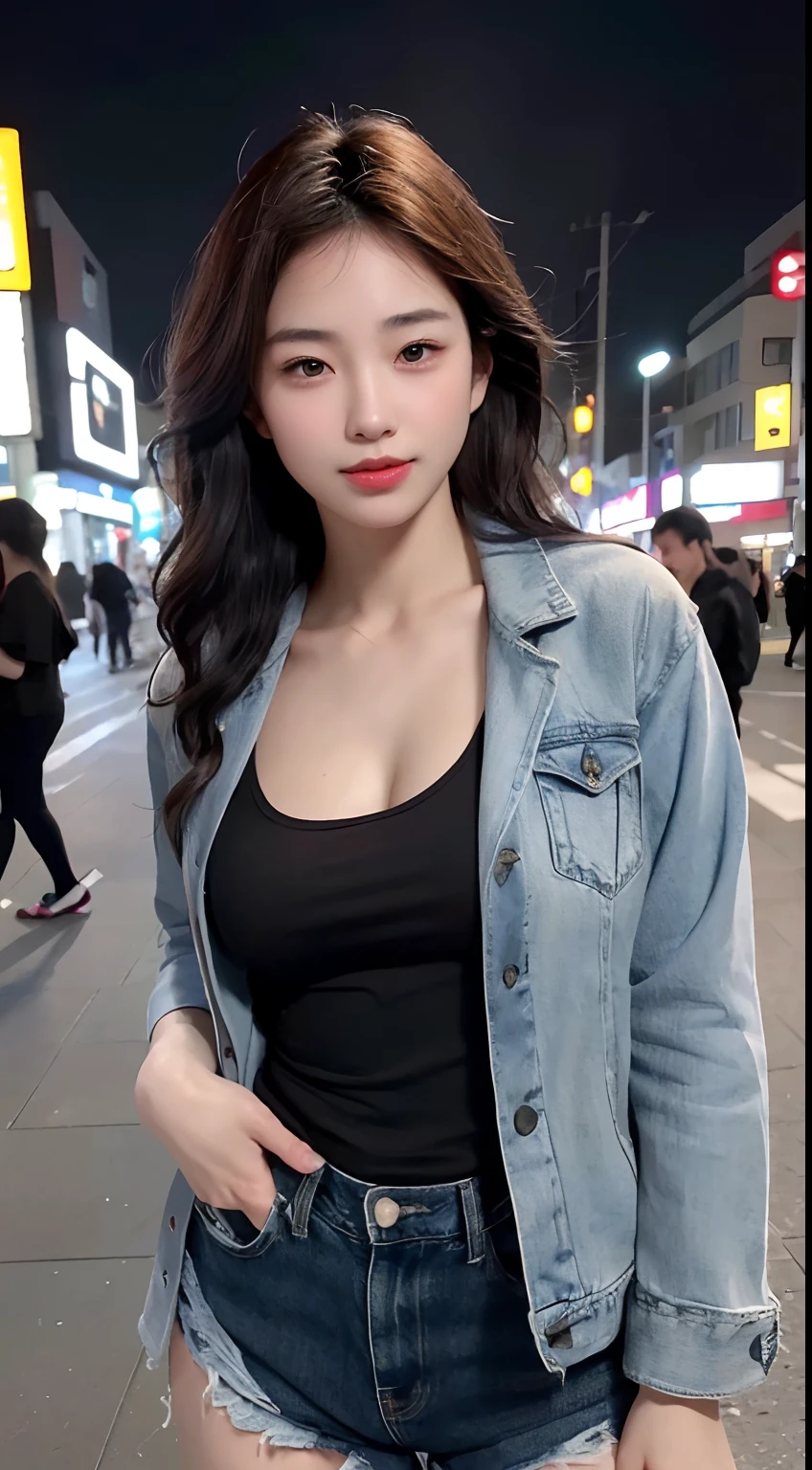 1girl, ((extreme detail)), (ultra-detailed), (best quality, 4k, 8k, highres, masterpiece:1.2), (realistic, photorealistic, photo-realistic:1.37), (extremely detailed CG unity 8k wallpaper), (an extremely delicate and beautiful), fine detail, insane details, sharp focus, soft back, soothing tones, hyperdetailed, low contrast, exposure blend, illustration, film grain, beautiful lighting, perfect lightning, precise proportions,
(perfect female figure),
(street in tokyo at night on background), background blur,
(short-length wavy hair:1.45),
(slender abs),
(tight black t-shirt with jacket on, open v chest jacket), (denim shorts), smile,