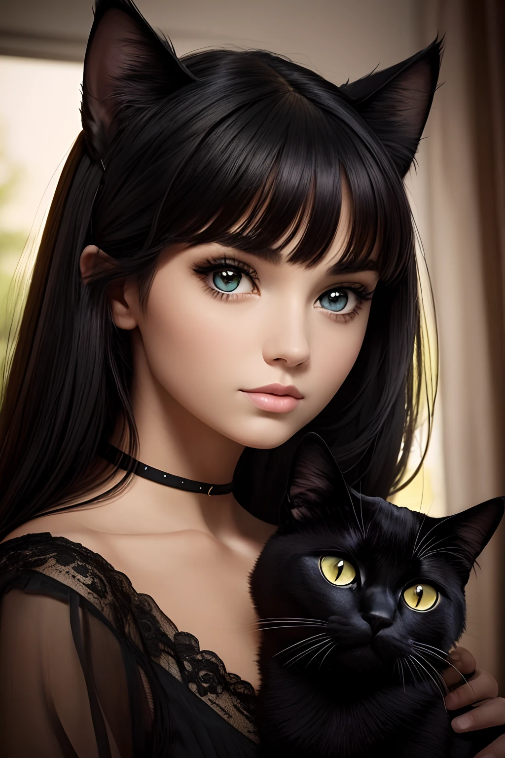 Girl with a black cat, beautiful face, incredible detail, high detail, gorgeous face,beautiful expressive look, perfect anatomy