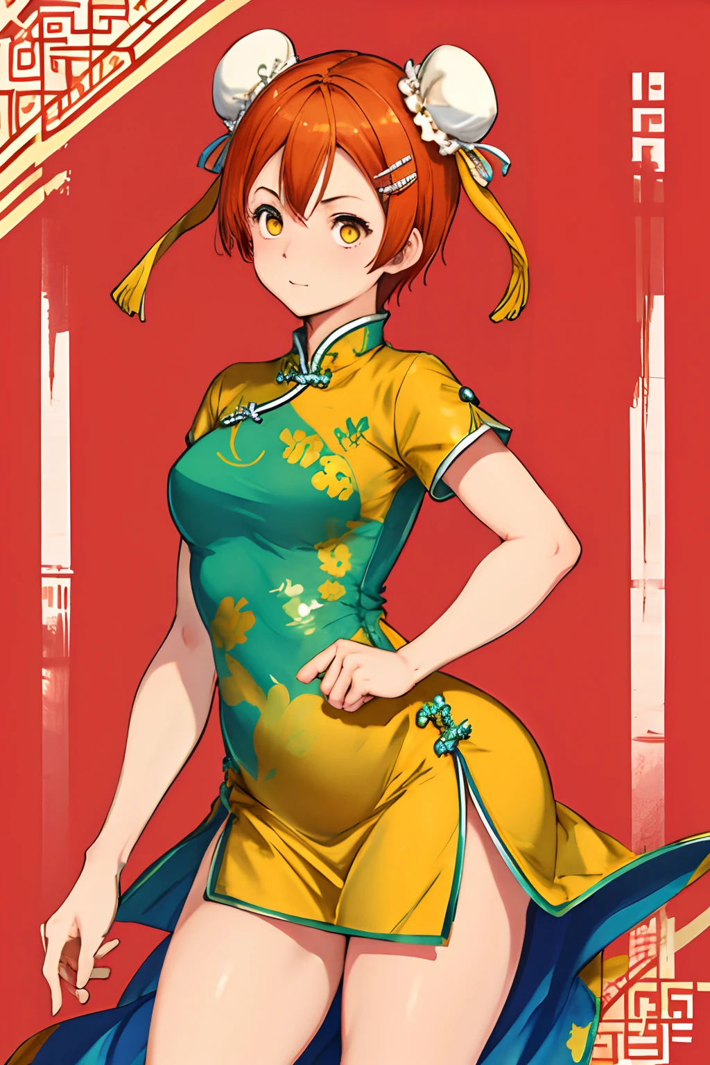 masterpiece, best quality, ultra-detailed, illustration, 1girl, hoshizora rin, orange hair, hair ornament, hairclip, short hair, yellow eyes, cowboy shot, china dress, chinese clothes, short dress, yellow dress, short sleeves, double bun