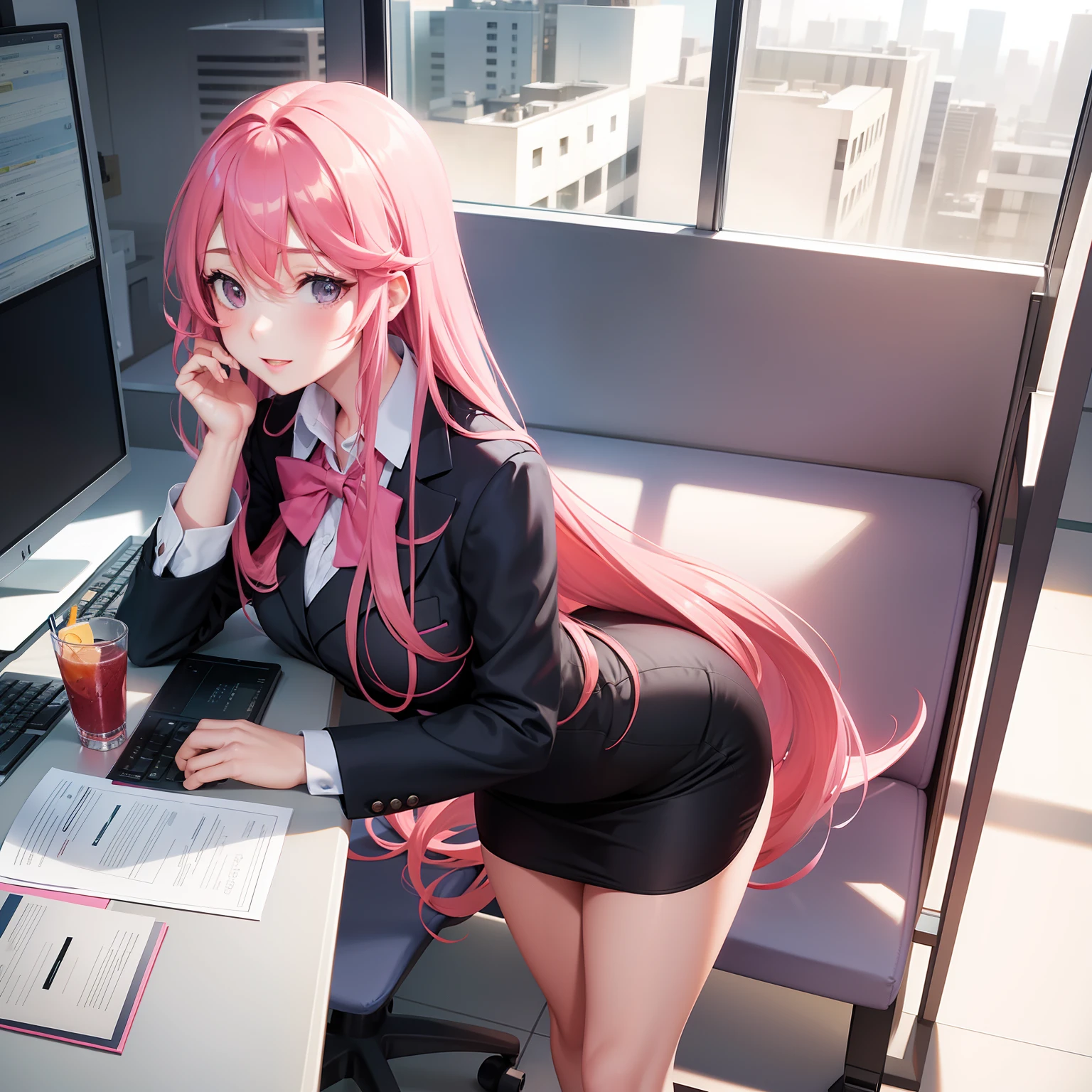 Office lady, long pink hair, solo, office, looking at viewer, front view,