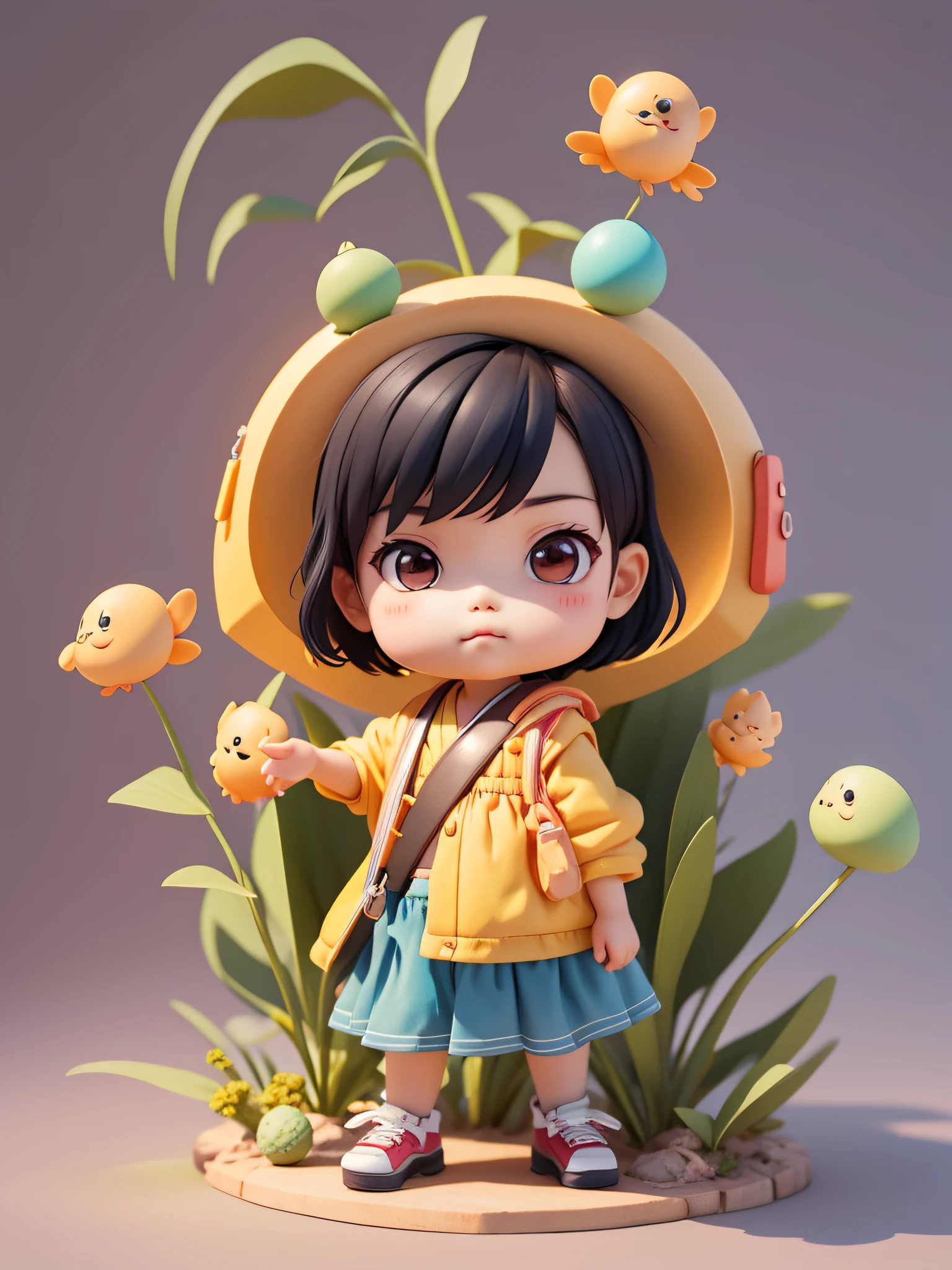 Asian 's illustration, Round face, Lisa is a girl with short hair, Solid color background, HD mod, Firefly, Simple, Overclocked rendering, in by pop mart, blind box toy, (), 。.3D, Mixer, C4D 1 3:4, Super detail --IW --at