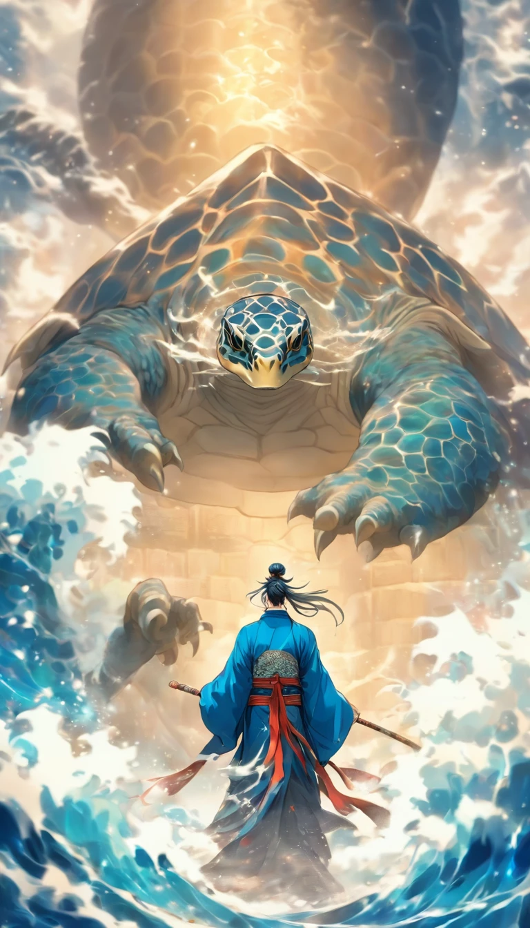 China-style，中景 the scene is，The Taoist priest stood in front of the giant roaring water turtle，blue colors，Stretch your hands，Long messy hair，Glow effects，Hyper-realistic，Ultra photo realsisim，Chinese black and white ink style，Silver，Decolorization，Smudge，ink，8K，super-fine，high qulity，OC renderer