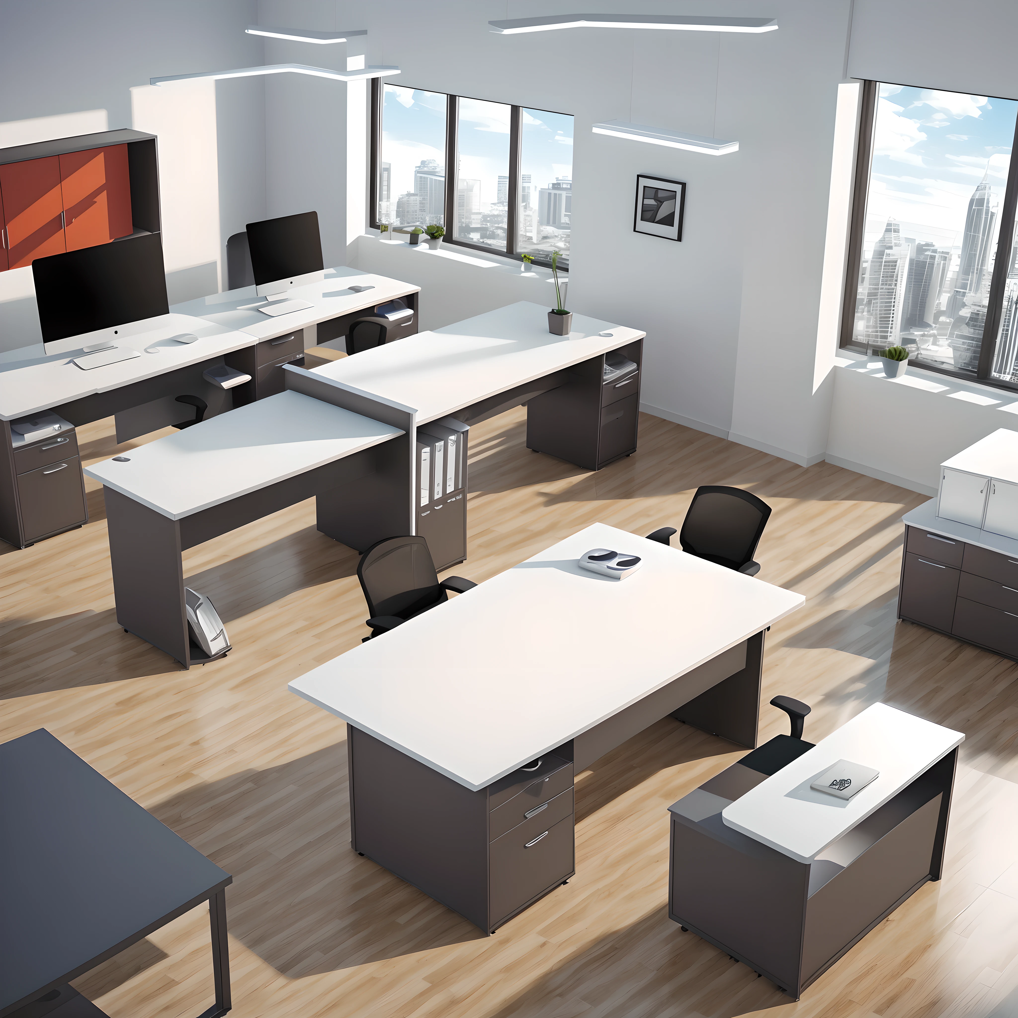 tmasterpiece，office space，Office desk，NOhumans，Bright space，（Shot above:1.5），（Hyper-realistic:1.3）