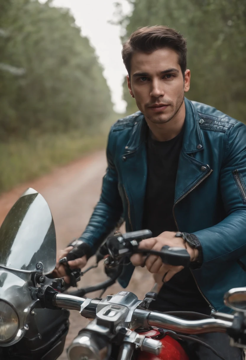 um homem , guerreiro, rico, charmoso, com tecnologia, cyberpunk, fundo de selva, Blood and explosions, em cima de uma moto, com ceu azul
