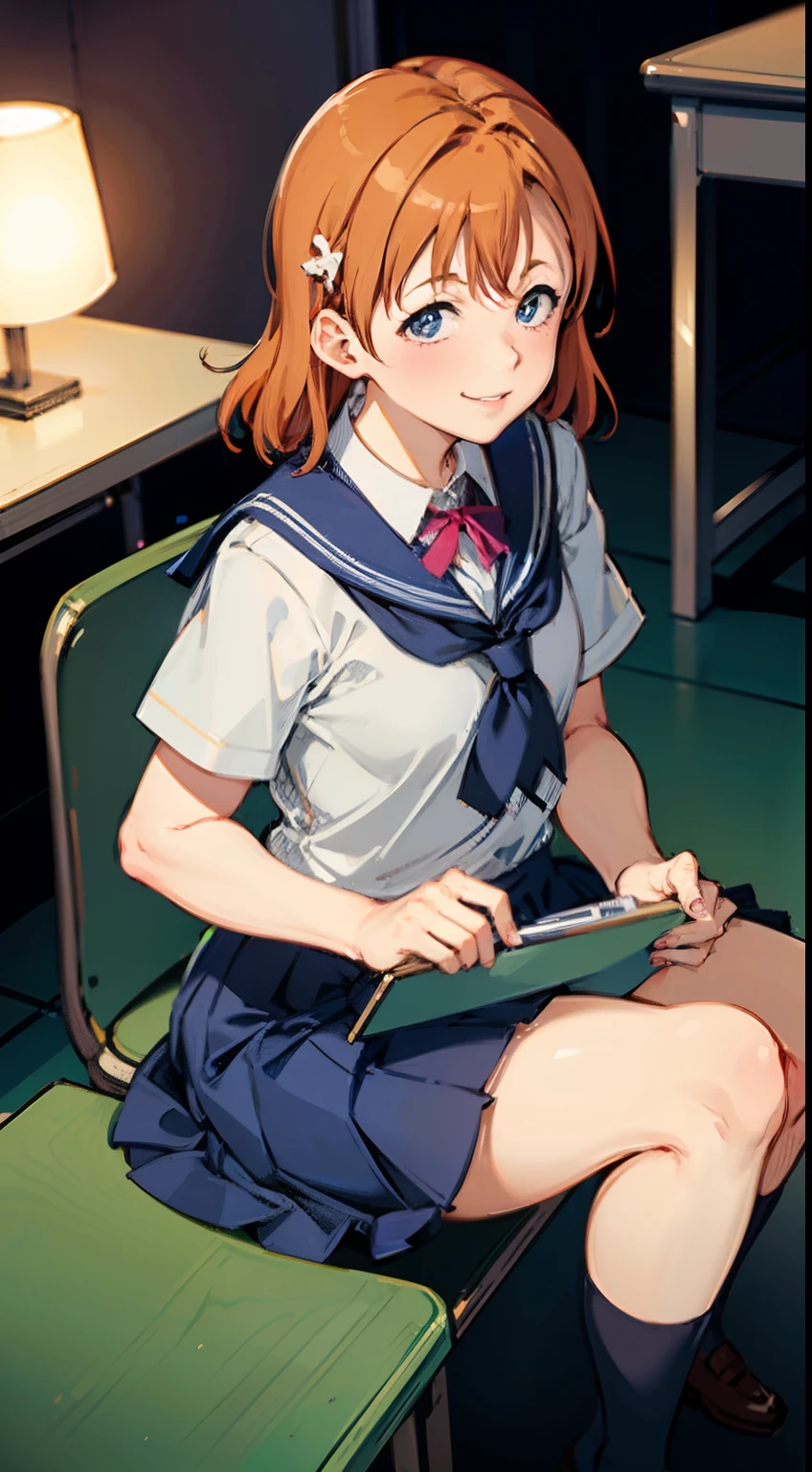 1girl, solo,(best quality),(masterpiece:1.1),Kousaka Honoka,(school uniform:1.4),dress, looking_at_viewer, neck_ribbon, cute, clear facial skin, little smile