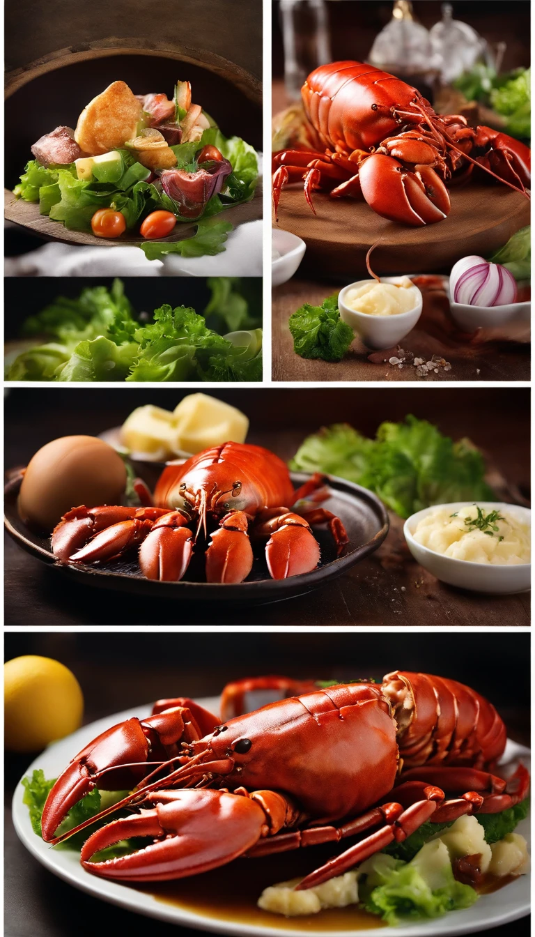1 large Australian lobster, Place on a wooden plate, There is plenty of lettuce scattered on both sides of the plate、onion、salmon、mashed potatoes on the plate、Octopus and red wine。This photo is a huge full moon night sky background, The shade is warm, Bright light, projected inset,  professional food photography, high quality food photography, professional food photo, food photography gourmet, food photography”, Photos of award-winning foods, foodphoto, author：a computer rendering by Scott M. Fischer, hd food photography, culinary art photography, author：and sports tables, Amazing food photography, Fine dining