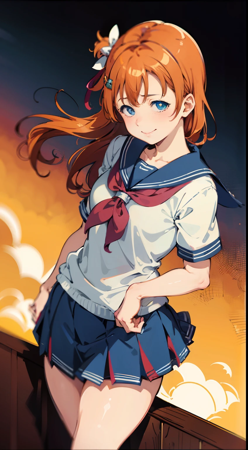 1girl, solo,(best quality),(masterpiece:1.1),Kousaka Honoka,(school uniform:1.4),dress, looking_at_viewer, neck_ribbon, cute, clear facial skin, little smile