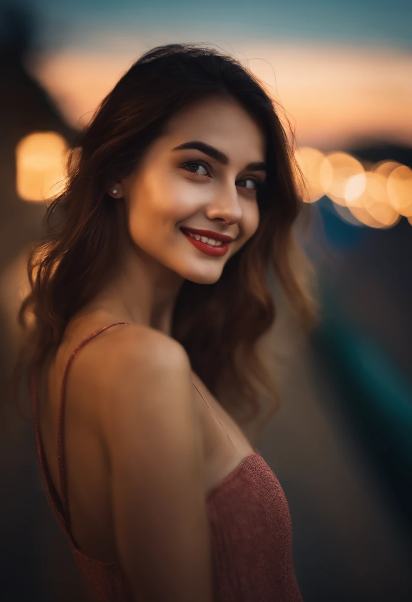1girl, idol, model, depth of field, photo, film, face, skinny, smile, collarbone, teeth, movie, camisole, selfie, night,