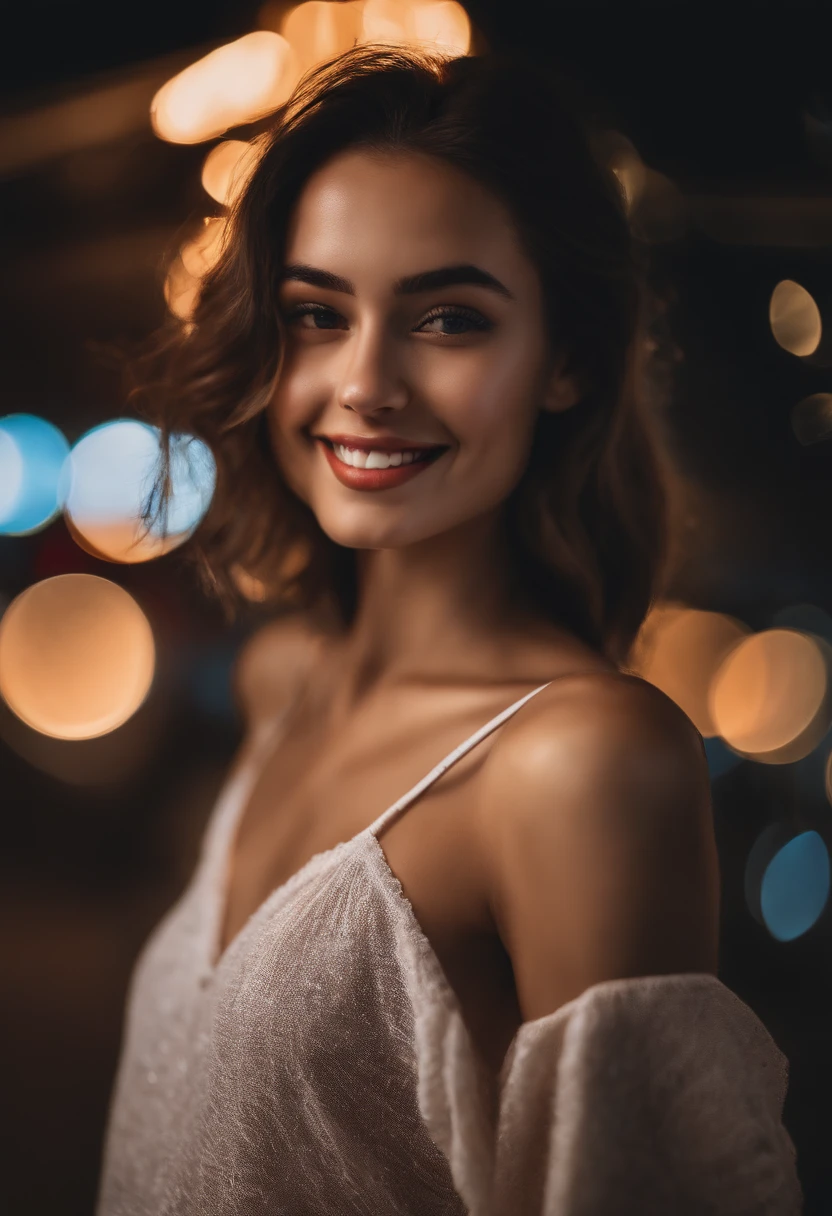 1girl, idol, model, depth of field, photo, film, face, skinny, smile, collarbone, teeth, movie, camisole, selfie, night,