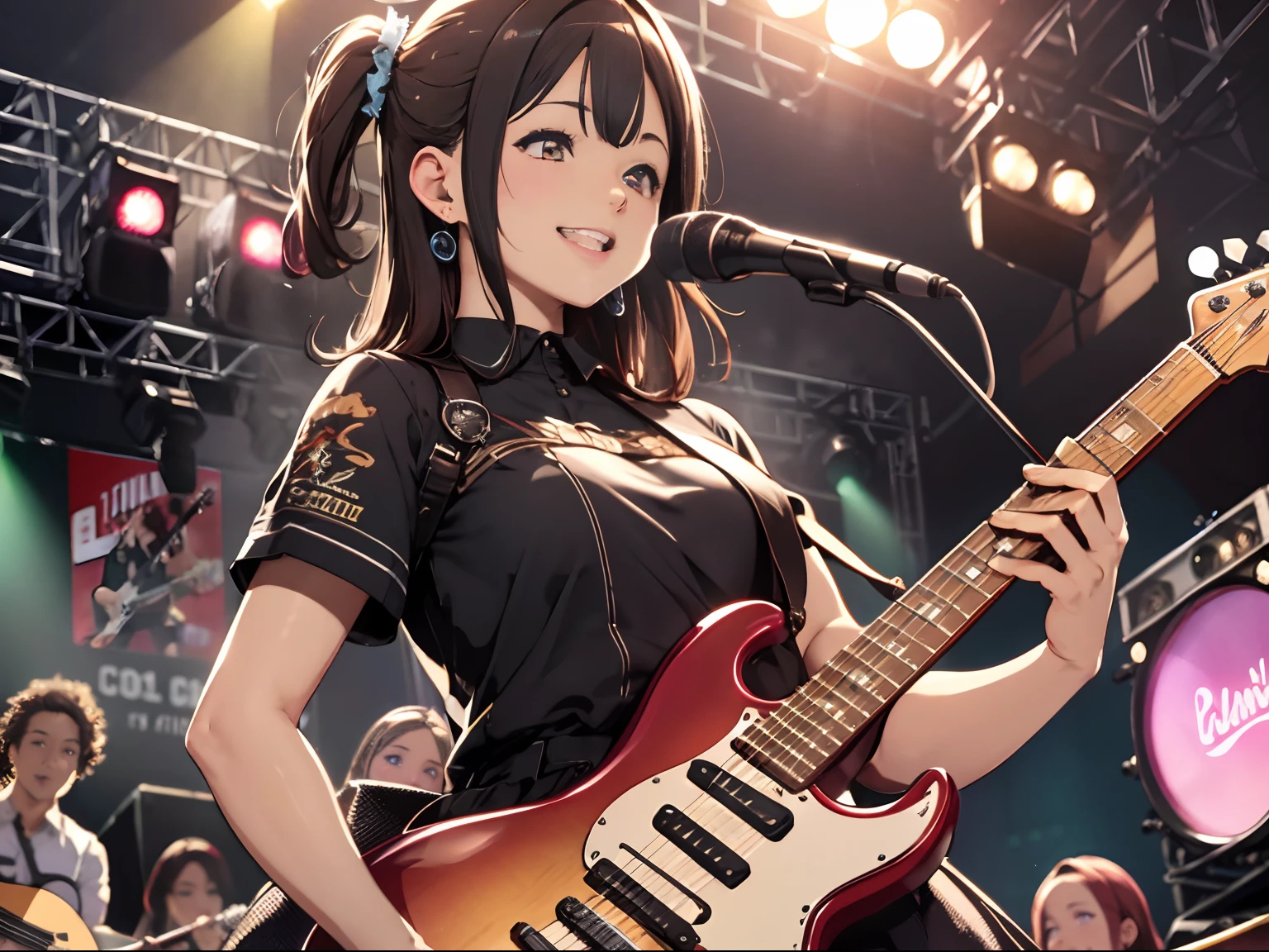 detailed reflecting eyes by professional digital painting, realistic,front lighting, 8k resolution, (girls' band:1.4), (dynamic angle), upper body, black guitar, amplifier, speaker, live stage, smile, Live festival, school, Shining Lighting