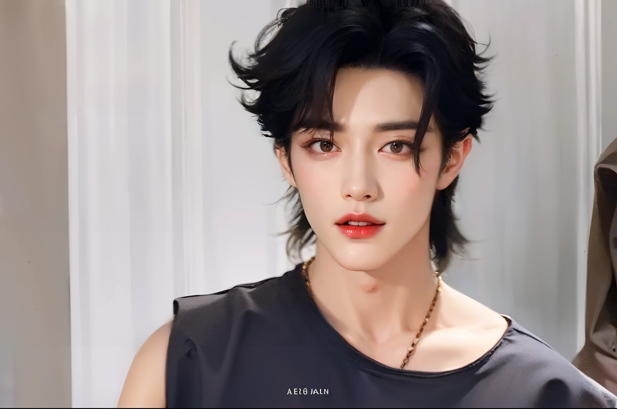 There was a man wearing a black shirt and red lipstick, Cai Xukun, jung jaehyun, Shin Jinying, Inspired by Bian Shoumin, young wan angel, by Yang J, hyung tae, Handsome, Inspired by Zhang Han, jinyoung shin aesthetic, Extremely handsome, Album art, Shin Jung-ho, Yan, yanjun cheng, kanliu666