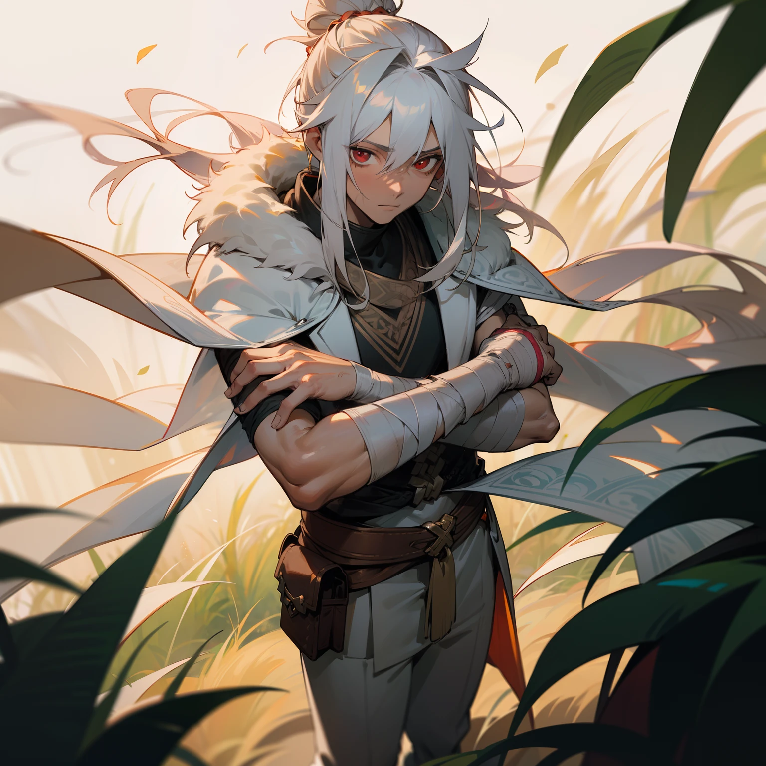 masterpiece, solo, best quality, 1 male, , handsome, finely detailed eyes, intricate details, casual clothes, oversized fur hood, pants, messy white hair, long length hair, man bun, complex pattern, best light and shadow, background is in a field, dappled sunlight, day, depth of field, plants, summer, colorful, artistic, depth of field, somber expression, red eyes, tan, anime, bandages wrapped around arms and hands, scars