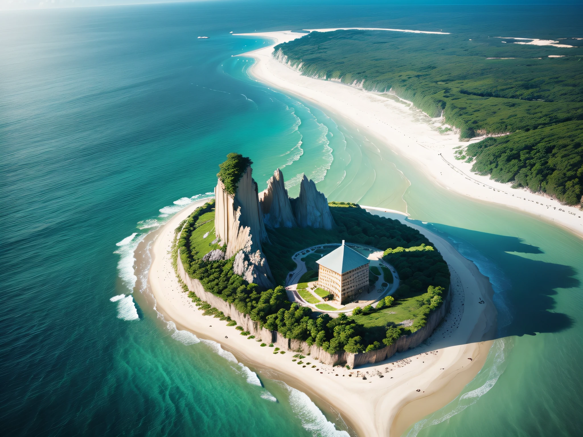 an sandy lonely island, surrounded by deep ocean