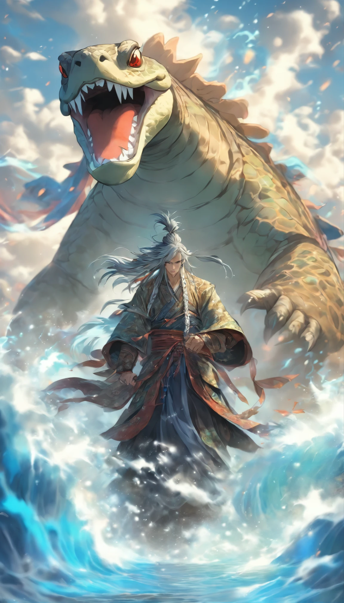 China-style,中景 the scene is,The Taoist priest stood in front of the giant roaring water turtle,Hideous,with thorns,blue colors,Stretch your hands,Long messy hair,Glow effects,Hyper-realistic,Ultra photo realsisim,Chinese black and white ink style,Silver,Decolorization,Smudge,ink,8K,super-fine,high qulity,OC renderer