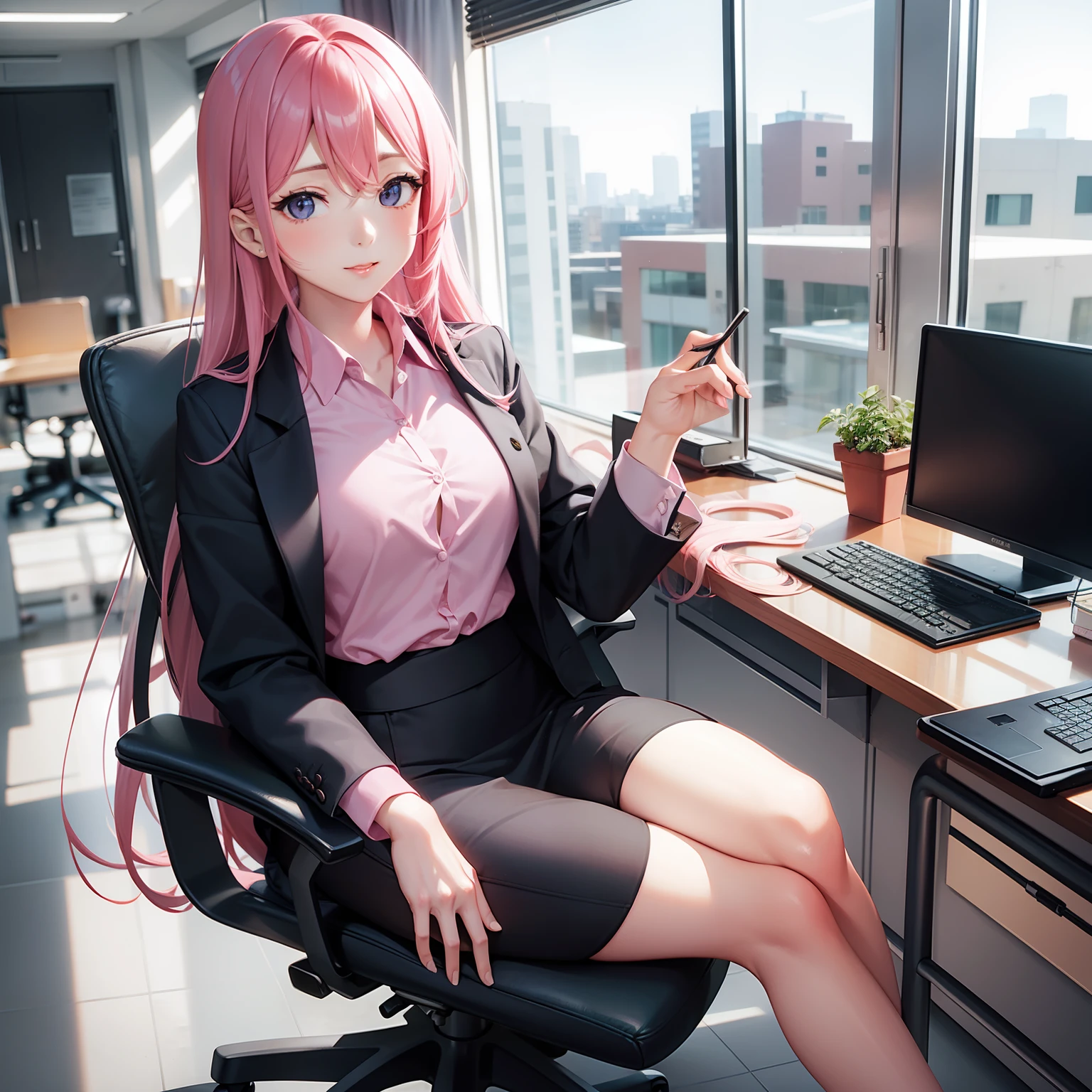 Woman with pink hair, black executive dress, looking forward, long hair, sweet look, blue eyes, pink eyeshadow, inside an office.
