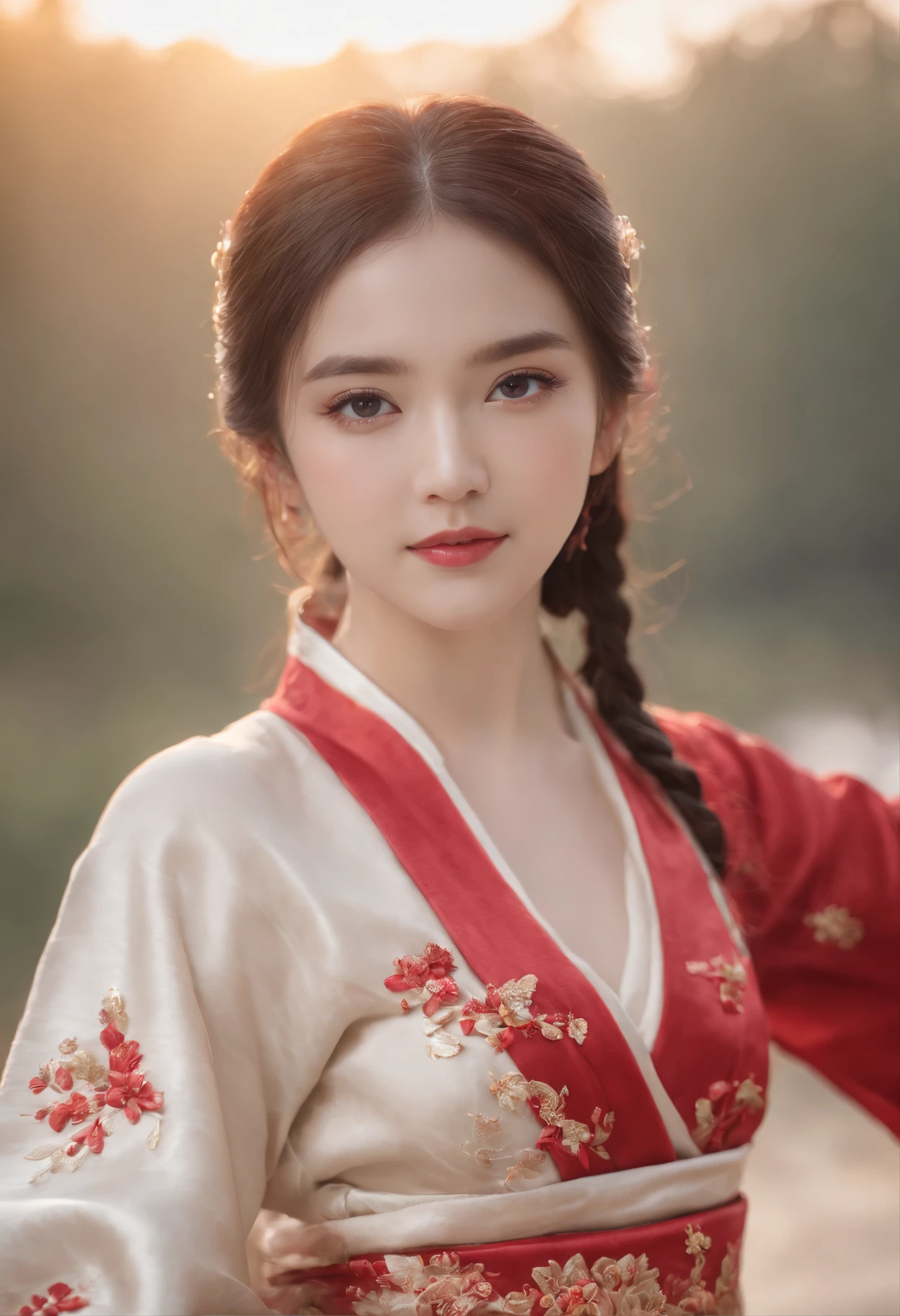 superb best quality, Master parts, high resolution, 1girll, Be red in the face, (seduct smile: 0.8), starpupil, Chinese Hanfu, Hair accessories, choker necklace, jewely, pleasing, Show on the_body, Tyndall effect, Realistic, Shade room, Embroidery of light, Dual-pass lighting, (highdetailskin: 1.2), 8K UHD, Slr, the soft light, high high quality, Volume lighting, candid photo of, high resolution, 4K, 8K, The background is blurred out, Real Human
