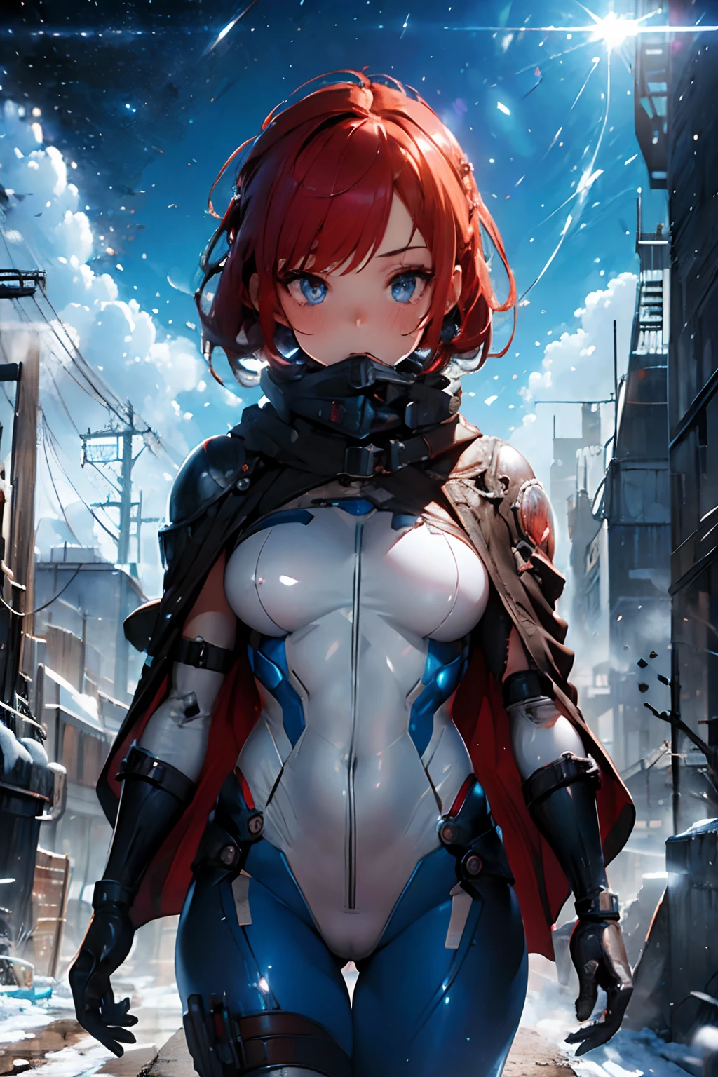 (masterpiece), best quality, hyperrealistic masterpiece, superheroine girl (((mech sci-fi aesthetic style in extremely detailed tech tight plugsuit, frostpunk style))) ((with high scarf to the mouth & white cape)), cinematic illumination: 8k, (((short redhead hair))), detailed perfect skin, intricate perfect beauty face, detailed sharp eyes, detailed eyes and pupils, (((from face to the waist))), (((beauty slim shape))), 4k, UHD
