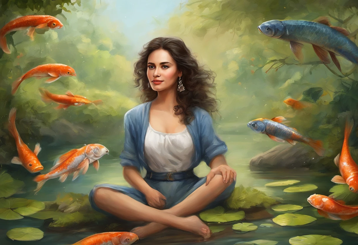 qualidade de imagem do filme，China-style，Girl sitting in giant koi flying in the sky，nuvens espessas，Short hair and small braids，Denim suspenders，Bare feet，profundidade de campos，Luz alta，luz real，Traching de raias，oc renderizado，hyper-realistic，melhor qualidade，8k，Obras de mestres，super-fino，pelos pubianos detalhados，anatomia correta，sharp focus on eyes，Bokeh，Facial features are carefully described