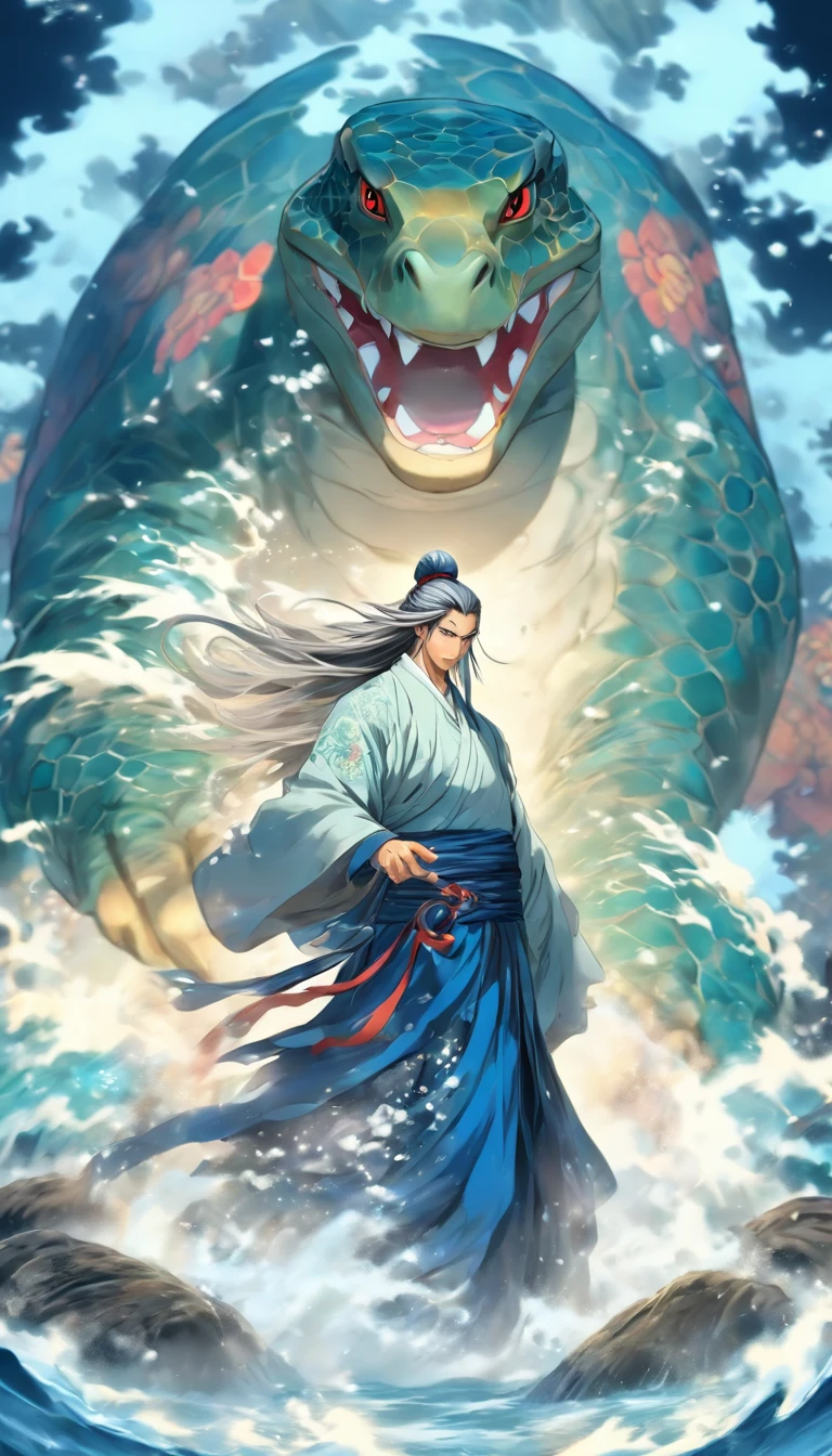 China-style,中景 the scene is,The Taoist priest stood in front of the giant roaring water turtle,blue colors,Stretch your hands,Long messy hair,Glow effects,Hyper-realistic,Ultra photo realsisim,Chinese black and white ink style,Silver,Decolorization,Smudge,ink,8K,super-fine,high qulity,OC renderer