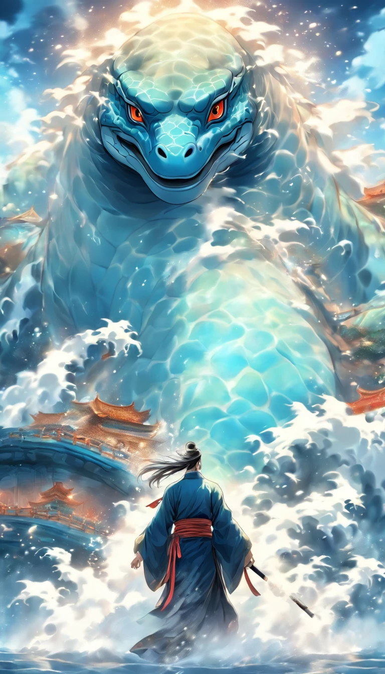 China-style,中景 the scene is,The Taoist priest stood in front of the giant roaring water turtle,blue colors,Stretch your hands,Long messy hair,Glow effects,Hyper-realistic,Ultra photo realsisim,Chinese black and white ink style,Silver,Decolorization,Smudge,ink,8K,super-fine,high qulity,OC renderer