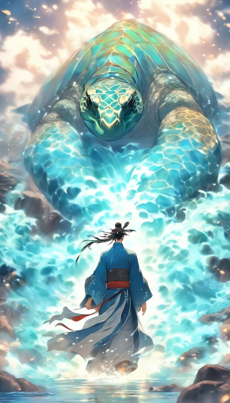 China-style，中景 the scene is，The Taoist priest stood in front of the giant roaring water turtle，blue colors，Stretch your hands，Long messy hair，Glow effects，Hyper-realistic，Ultra photo realsisim，Chinese black and white ink style，Silver，Decolorization，Smudge，ink，8K，super-fine，high qulity，OC renderer