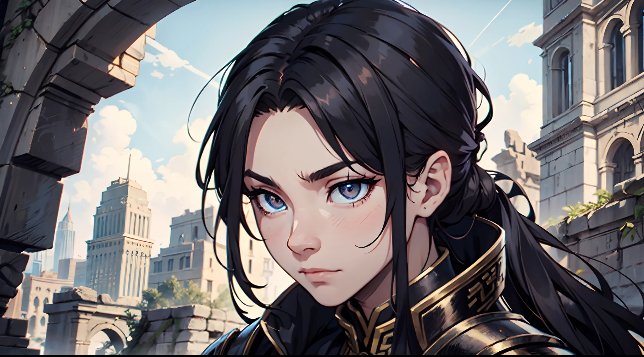 1 Boy, Chinese Emperor, Armored With Pure Black Armor, Holding A Sword, Handsome, Long Black Hair, Pure White Pupil Eyes, 8k, Ultra High Definition, Ancient Ruins Background, Hair Tied