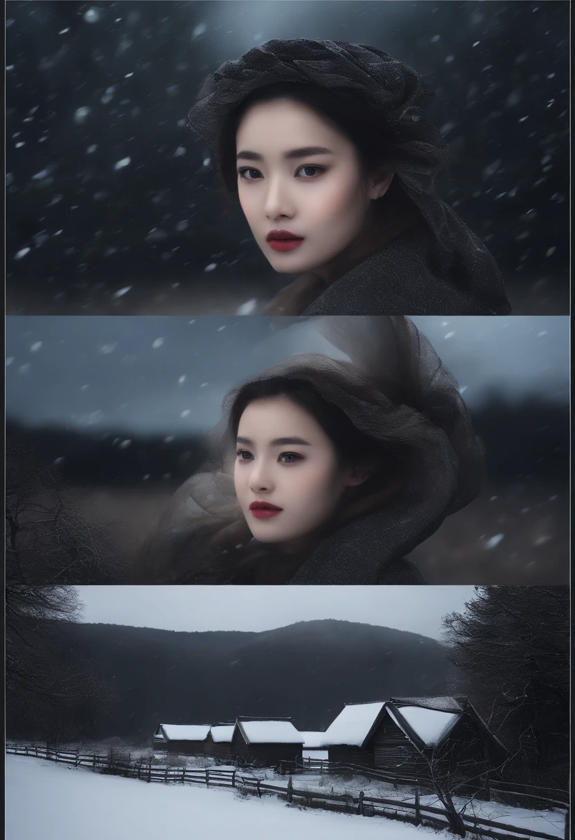 It was getting dark，The wind is also tighter and stronger；
The dark clouds pressed heavier to the ground，The cage covered the vast field、Roads and villages。
Make the plains on the twilight of early spring，Immediately turned to night。The snow began to fall。
First, small snowflakes，Willow-like gently fluttering；
Then it gets bigger and bigger，A burst of tightness，The wind twists the snow，Pieces of the group，All praised，
In an instant, the sky and the earth were the same，The wind and snow spread throughout the wilderness。