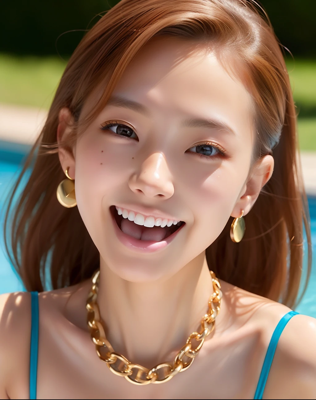 1girl in, 独奏、Micro Bikini, Selfie, Eye lashes, Full body, Brown hair, Lips, Brown eyes, Necklace, Smile, makeup, Open mouth, Tongue out, earrings, Raw photo, Best Quality, masutepiece, ultra-detailliert, Realistic, Pool,（skin tanned:2.0）、kawaii faces、Colossal tits、Upper body